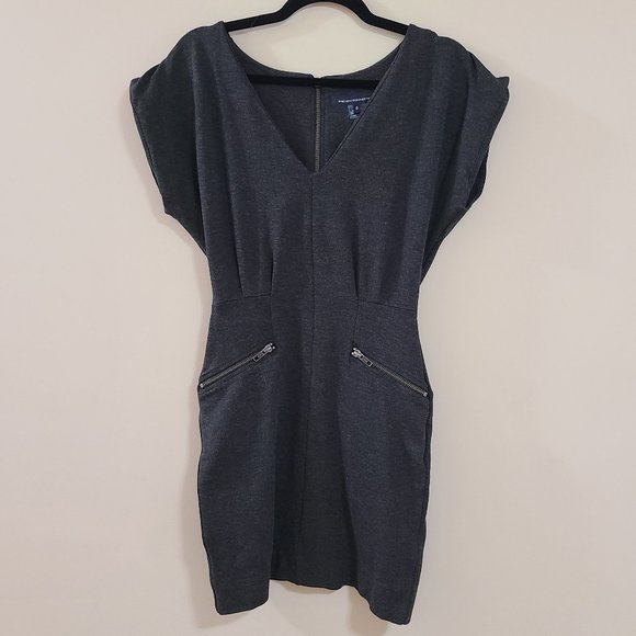 EUC FRENCH CONNECTION Stretchy Charcoal Grey Mini Dress with Pockets and V Neck - Picture 1 of 7